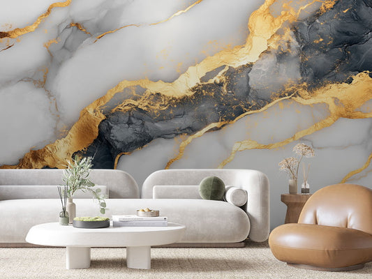 3D Marmor Tapete in Hellgrau mit Goldadern  Strahlender Look & selbstklebend  PVC-frei – Pimp My Wall