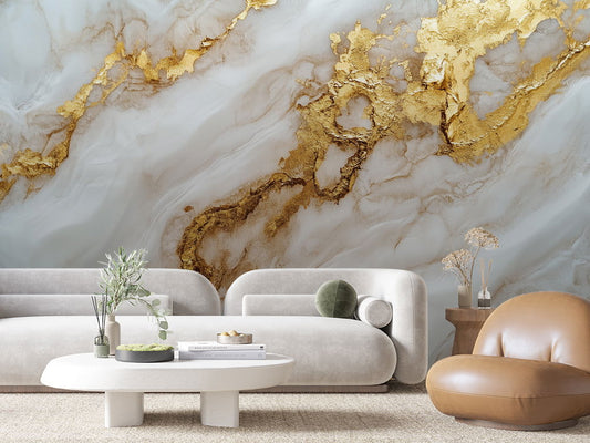 3D Marmor Tapete in Beige mit Goldstruktur  Warme Raumwirkung & selbstklebend  PVC-frei – Pimp My Wall