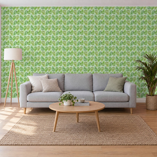 Green palm leaf wallpaper as an accent wall in the living room behind a sofa (room visualization)