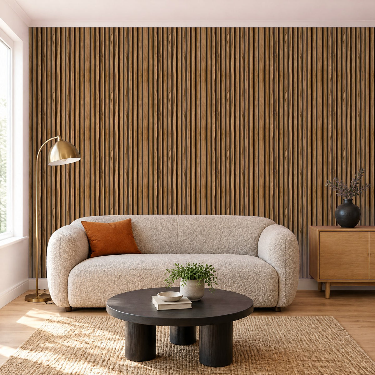 Tapete Holzoptik Walnuss Latten in der Lounge – Raumvisualisierung mit dem Originaldruck, selbstklebend | Pimp My Wall