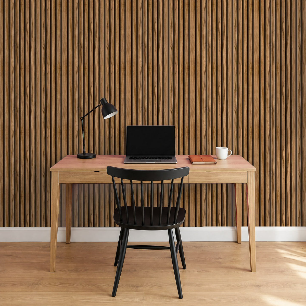 Tapete Holzoptik Walnuss Latten im Arbeitszimmer – Raumvisualisierung mit dem Originaldruck, selbstklebend | Pimp My Wall