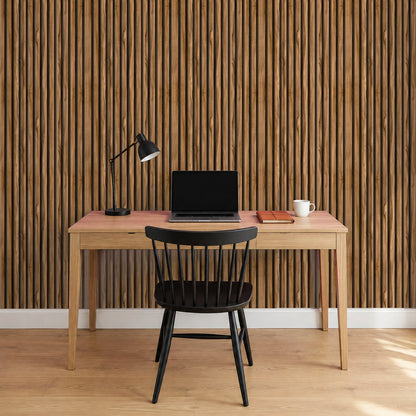 Tapete Holzoptik Walnuss Latten im Arbeitszimmer – Raumvisualisierung mit dem Originaldruck, selbstklebend | Pimp My Wall