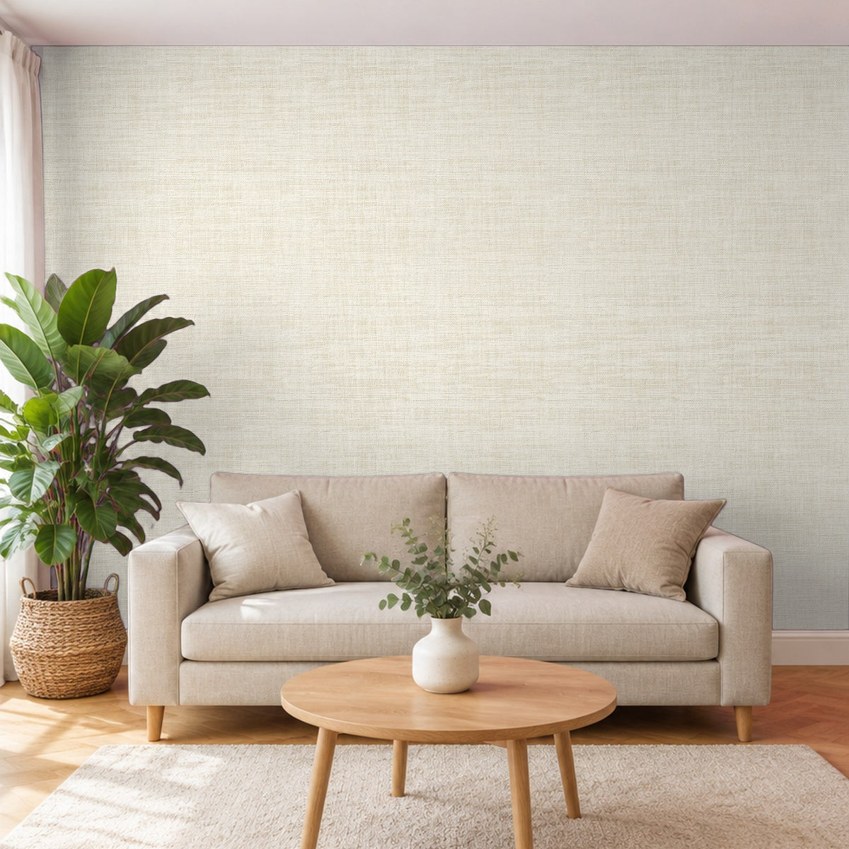 Strukturtapete Feingewebe Cremebeige im Wohnzimmer – Raumvisualisierung mit dem Originaldruck, selbstklebend | Pimp My Wall