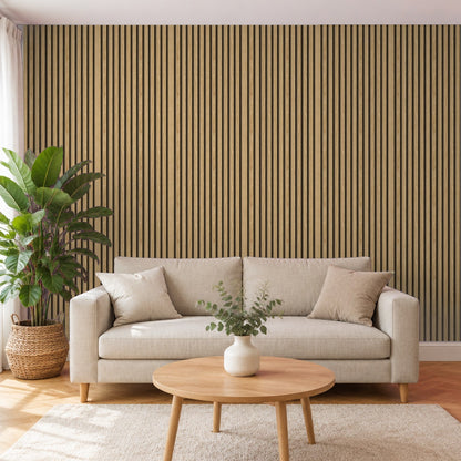 Tapete Holzoptik Eiche Hell Latten im Wohnzimmer – Raumvisualisierung mit dem Originaldruck, selbstklebend | Pimp My Wall