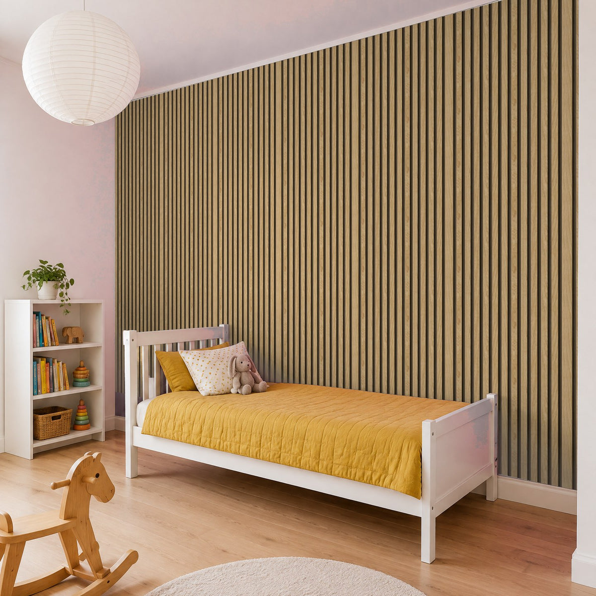 Tapete Holzoptik Eiche Hell Latten im Kinderzimmer – Raumvisualisierung mit dem Originaldruck, selbstklebend | Pimp My Wall