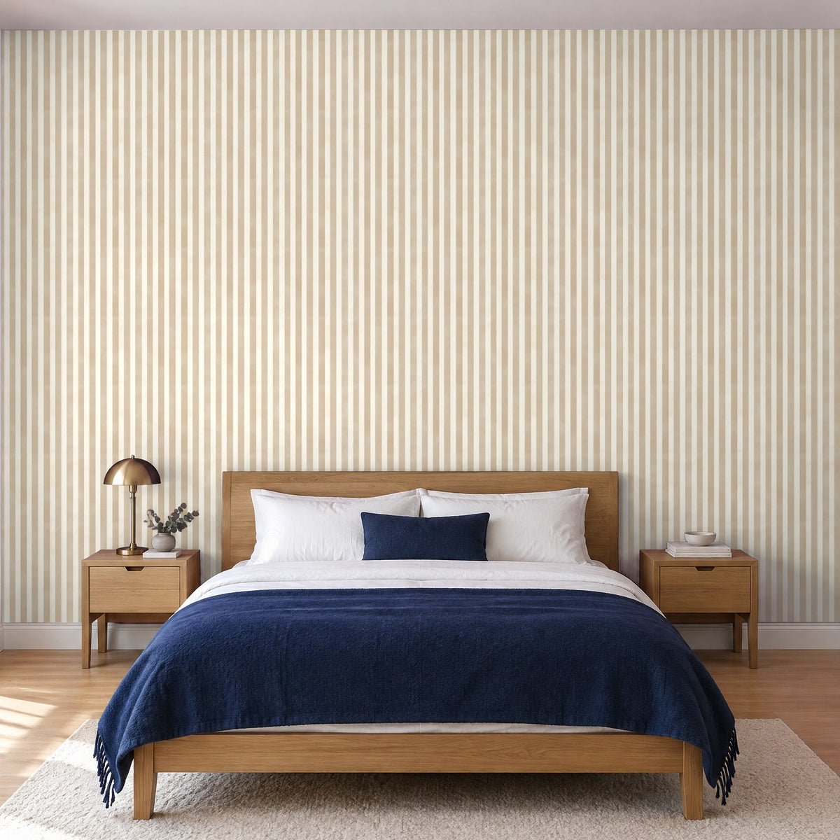 Streifentapete Beige Pur im Schlafzimmer – Raumvisualisierung mit dem Originaldruck, selbstklebend | Pimp My Wall
