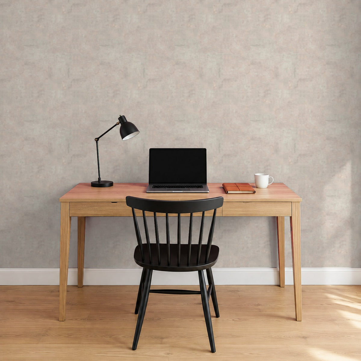 Tapete Betonoptik Blasser Betonwash im Arbeitszimmer – Raumvisualisierung mit dem Originaldruck, selbstklebend | Pimp My Wall