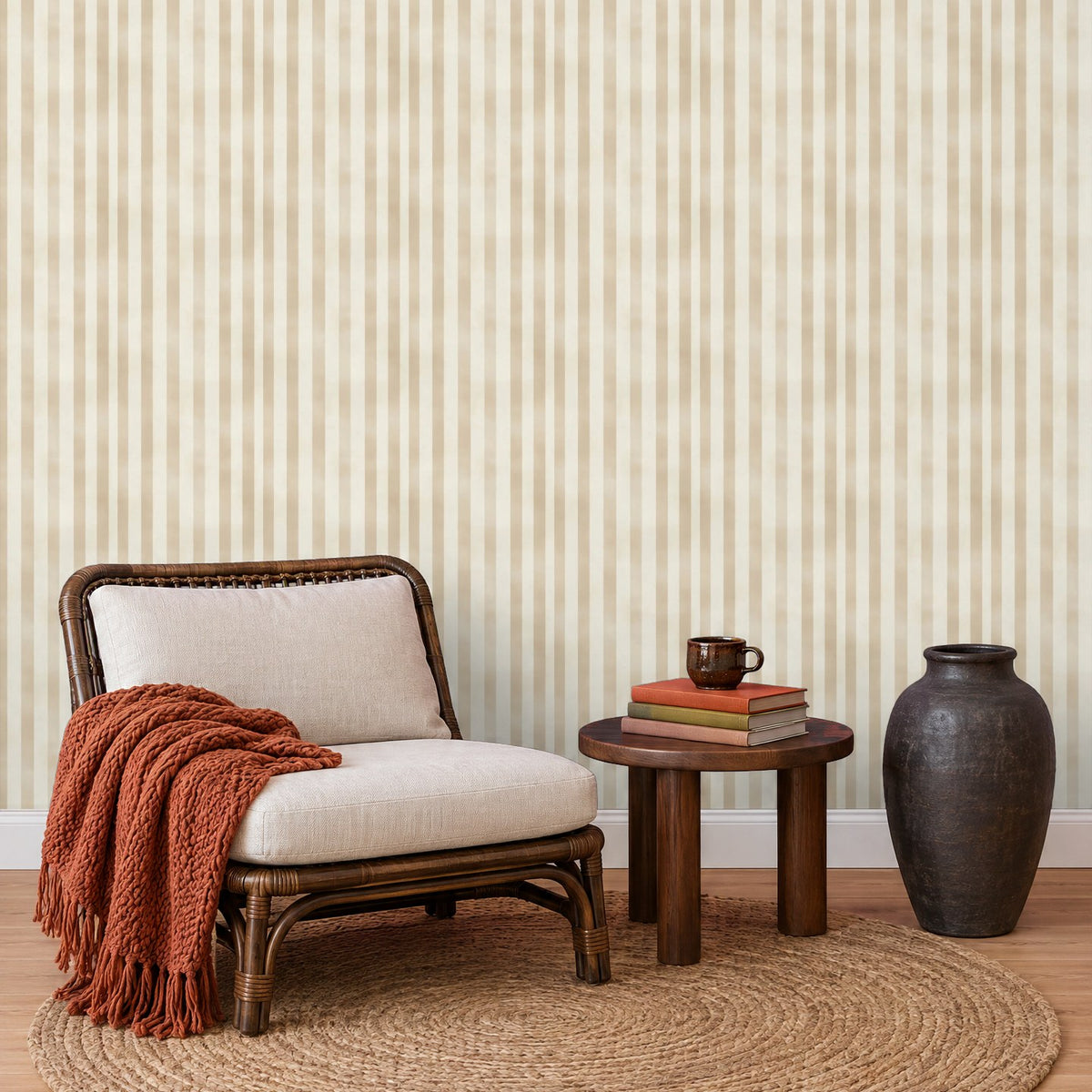 Streifentapete Beige Klassisch in der Leseecke – Raumvisualisierung mit dem Originaldruck, selbstklebend | Pimp My Wall