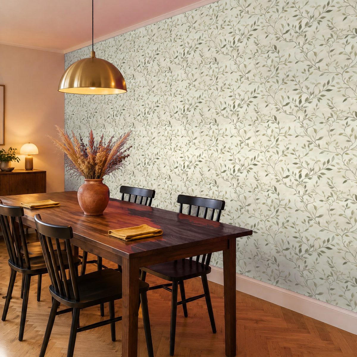 Blumentapete Blätter Grün im Esszimmer – Raumvisualisierung mit dem Originaldruck, selbstklebend | Pimp My Wall