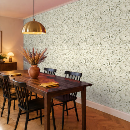 Blumentapete Blätter Grün im Esszimmer – Raumvisualisierung mit dem Originaldruck, selbstklebend | Pimp My Wall