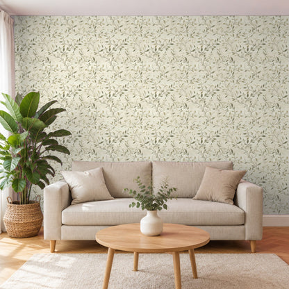 Blumentapete Blätter Grün im Wohnzimmer – Raumvisualisierung mit dem Originaldruck, selbstklebend | Pimp My Wall