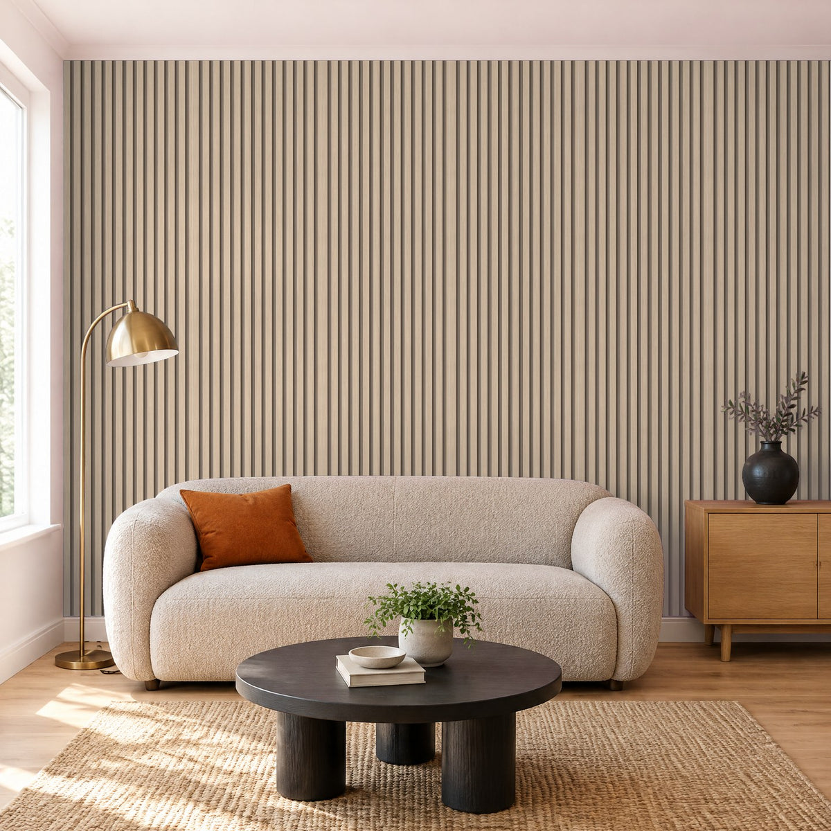 Tapete Holzoptik Birke Latten in der Lounge – Raumvisualisierung mit dem Originaldruck, selbstklebend | Pimp My Wall