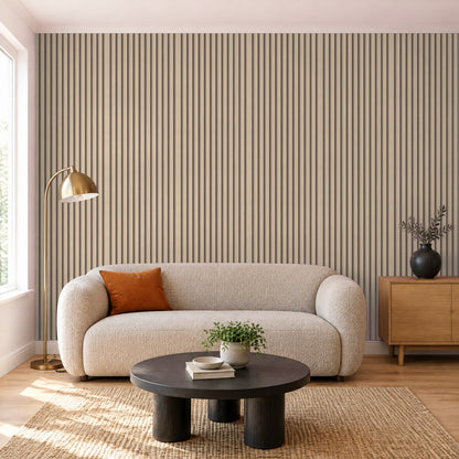 Tapete Holzoptik Birke Latten in der Lounge – Raumvisualisierung mit dem Originaldruck, selbstklebend | Pimp My Wall