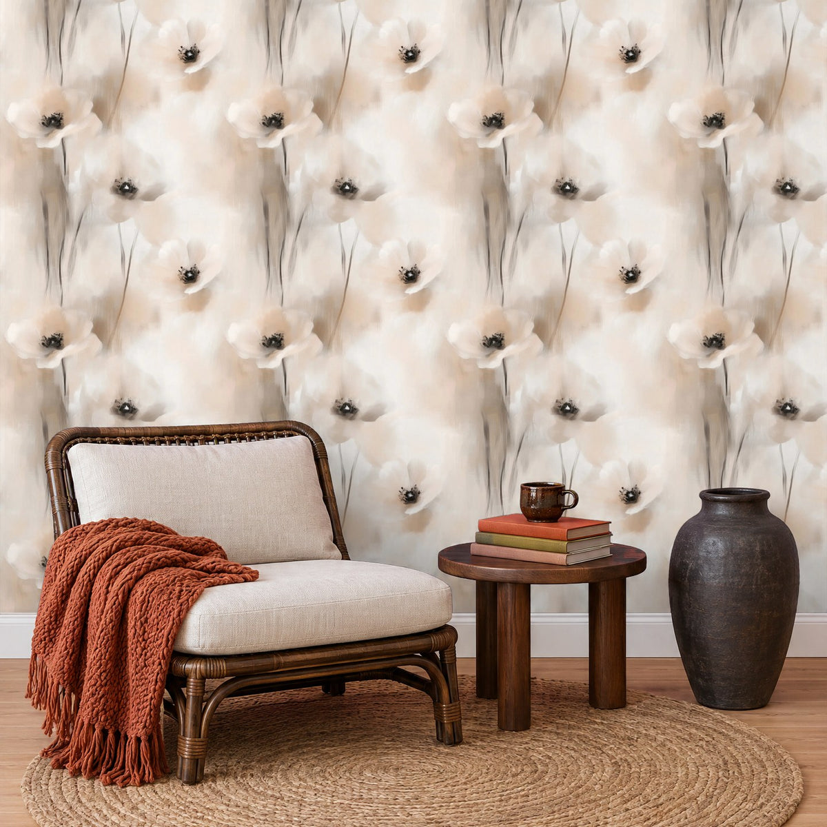 Blumentapete Aquarell Beige in der Leseecke – Raumvisualisierung mit dem Originaldruck, selbstklebend | Pimp My Wall