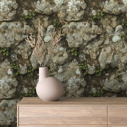  Natursteinwand mit Moos & Pflanzen als realistische Tapete  PVC-frei, selbstklebend & hochwertig verarbeitet  Für Innenräume mit Natur-Charme – by PCC FoliaConcept