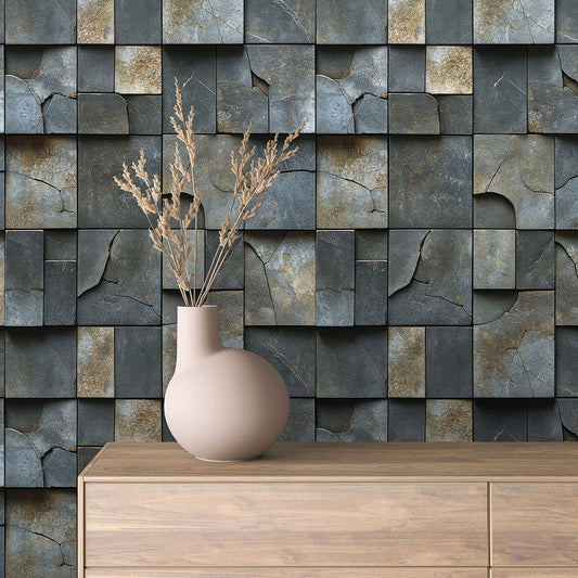  Industrial-Tapete mit rissigem Steinlook und 3D-Wirkung  Geometrisch, grafisch & künstlerisch-rustikal  Ideal für Loft, Studio oder Büro – by PCC FoliaConcept