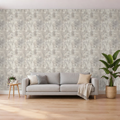 Tapete Betonoptik – Rauer Industriebeton im Wohnzimmer hinter dem Sofa (Raumvisualisierung)