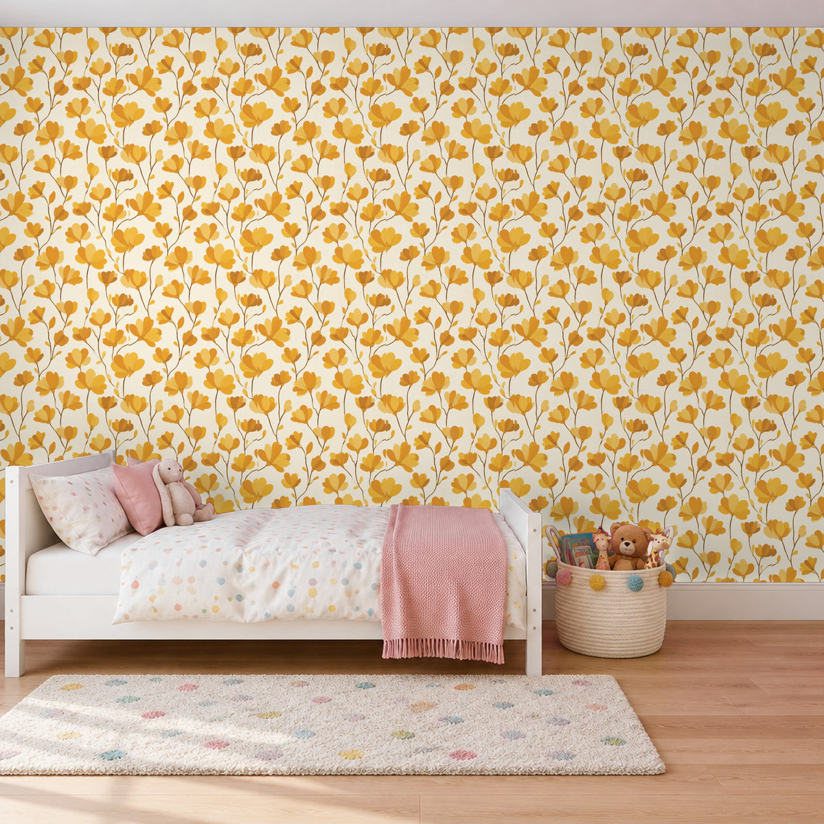 Tapete Gelb – Gelbe Blumen auf Creme im Kinderzimmer hinter dem Bett (Raumvisualisierung)