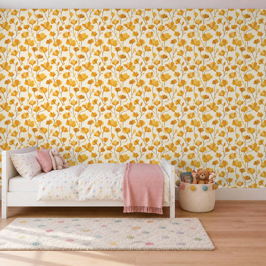 Tapete Gelb – Gelbe Blumen auf Creme im Kinderzimmer hinter dem Bett (Raumvisualisierung)