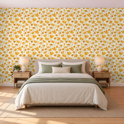 Tapete Gelb – Gelbe Blumen auf Creme im Schlafzimmer hinter dem Bett (Raumvisualisierung)