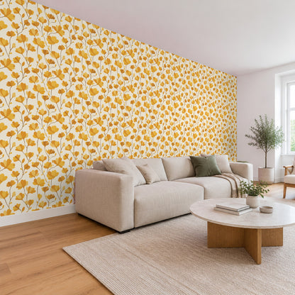 Tapete Gelb – Gelbe Blumen auf Creme im Wohnzimmer, Schrägansicht (Raumvisualisierung)