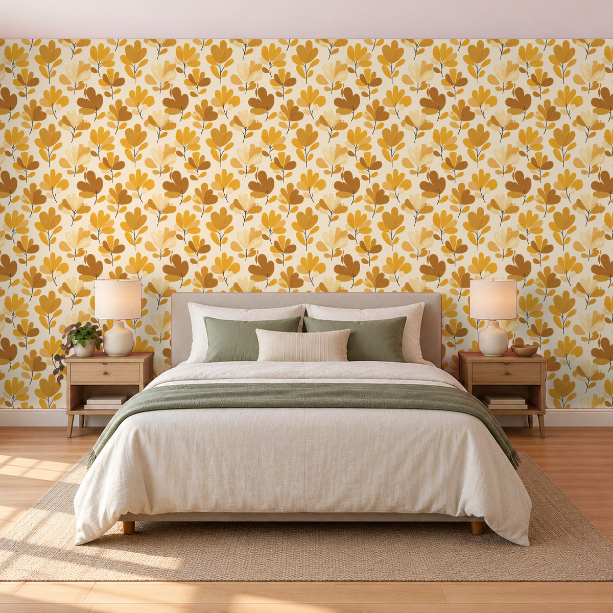 Tapete Gelb – Senfgelbe Blüten und Zweige im Schlafzimmer hinter dem Bett (Raumvisualisierung)