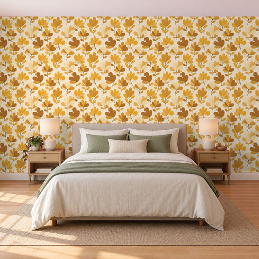 Tapete Gelb – Senfgelbe Blüten und Zweige im Schlafzimmer hinter dem Bett (Raumvisualisierung)