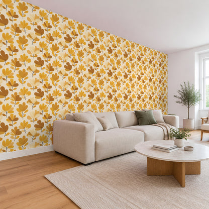 Tapete Gelb – Senfgelbe Blüten und Zweige im Wohnzimmer, Schrägansicht (Raumvisualisierung)