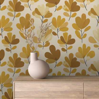 Tapete Gelb mit senfgelben Blüten und Zweigen an der Wand hinter einem Sideboard