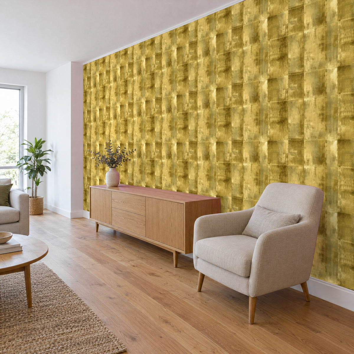 Tapete Gold Metallic mit Paneelen im Wohnzimmer hinter einem Sideboard, Schrägansicht (Raumvisualisierung)
