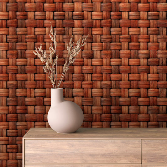 Wood effect wallpaper with reddish-brown woven wood on the wall behind a sideboard