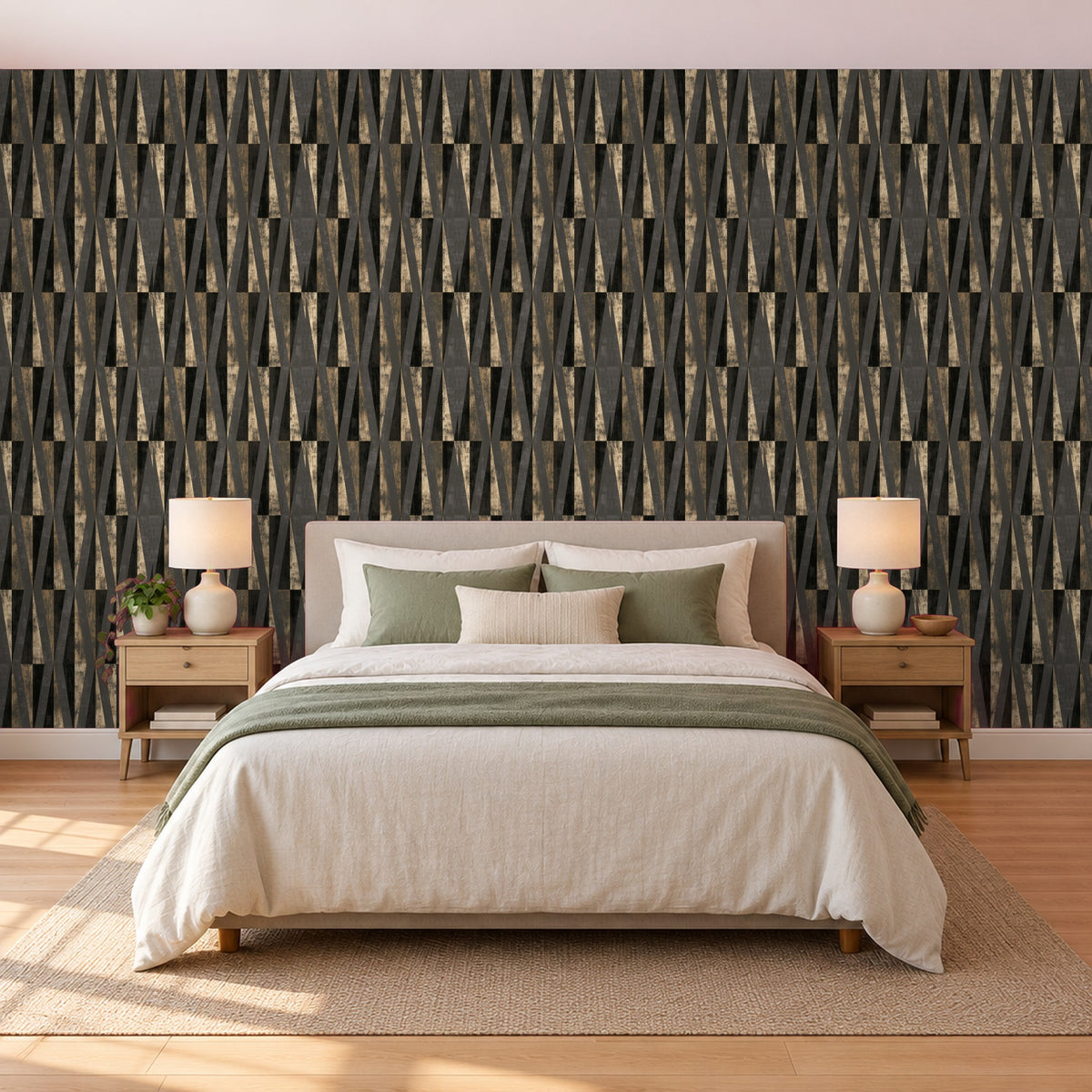 Tapete Schwarz Gold – Geometrische Dreiecke im Schlafzimmer hinter dem Bett (Raumvisualisierung)