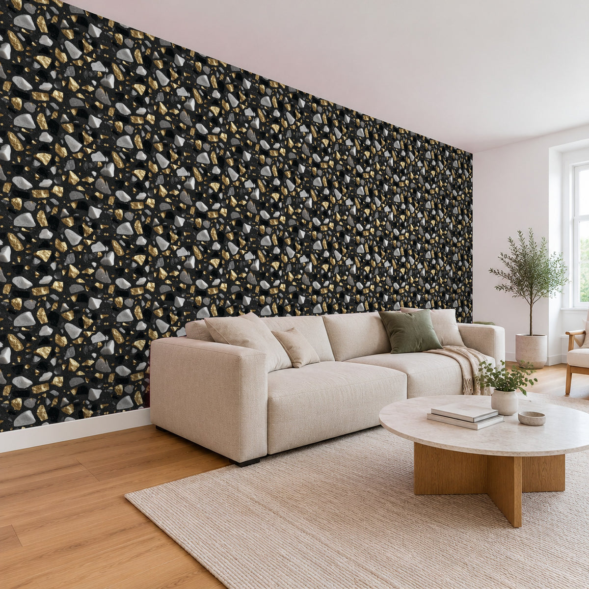 Terrazzo Tapete – Schwarz mit Gold und Marmor im Wohnzimmer, Schrägansicht (Raumvisualisierung)