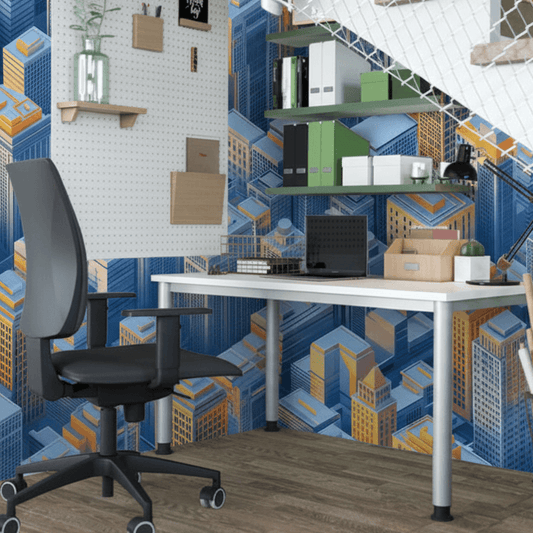 Modernes Büro mit Skyline-Tapete